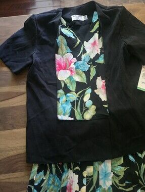 Alfred Dunner Black Top with Bright Floral Panel & Pleated Skiry